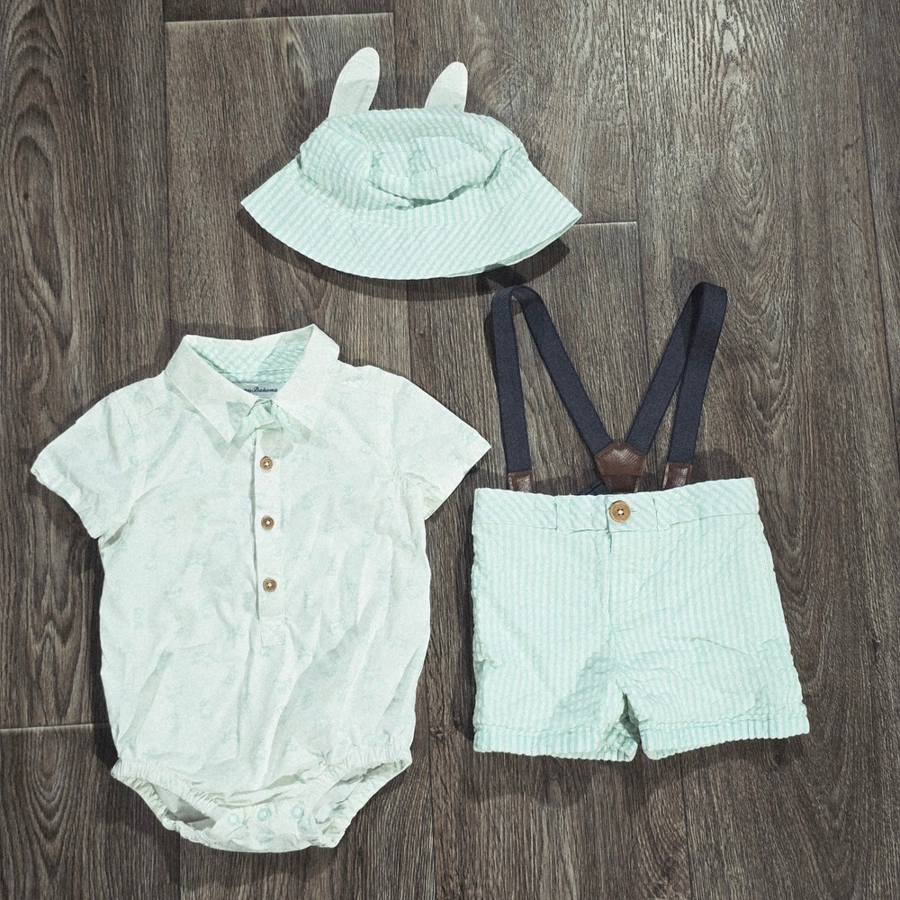 Tommy Bahama Baby Boy 12M‎ Seersucker Shorts Suspenders Hat Bunny Shirt Set 3pc